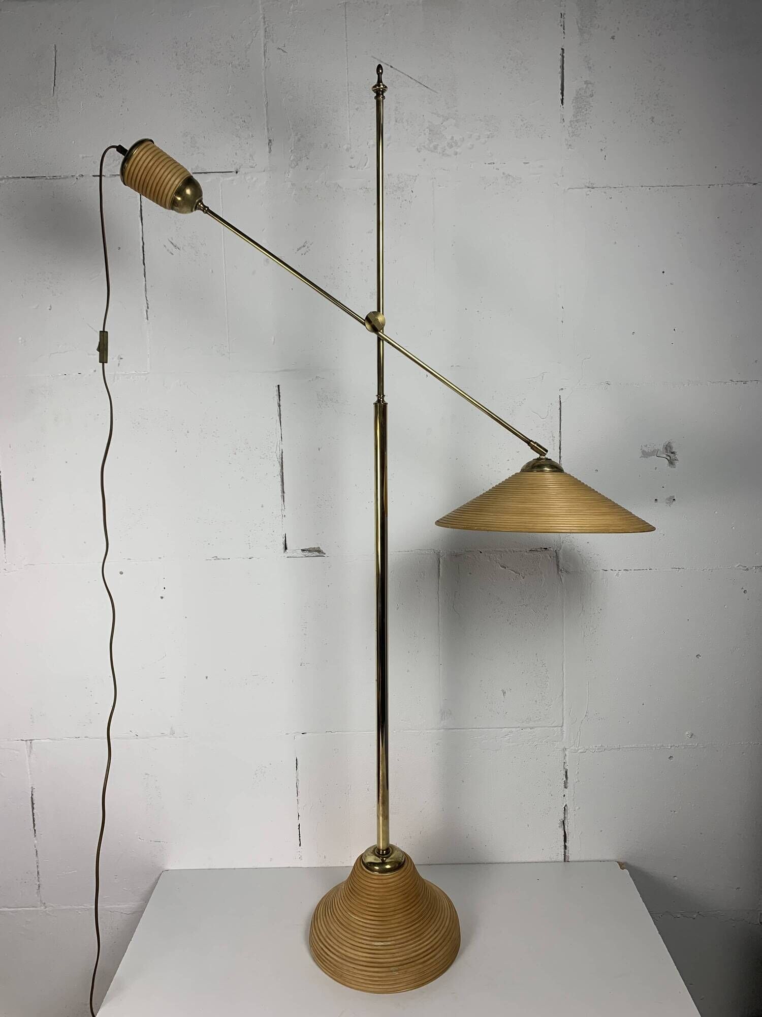 Italian Adjustable Floor Lamp in Pencil Reed, Bamboo, Rattan and Brass, 1970s