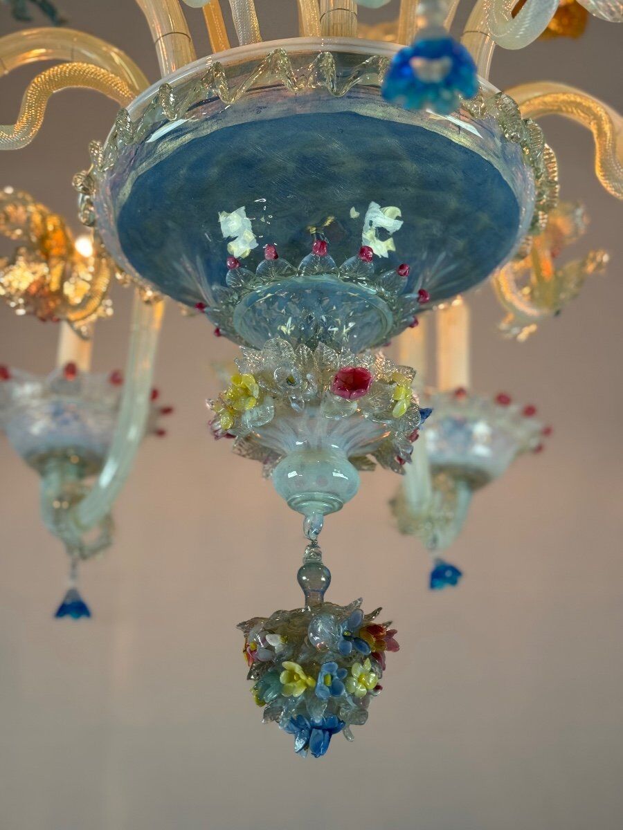 Venetian chandelier in multi-colored Murano glass, 11 light arms on two levels circa 1880