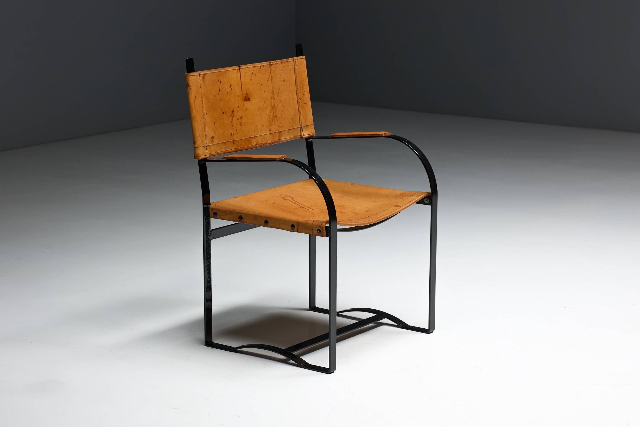 Cognac Leather Armchair, Black Lacquer Steel Frame, Belgium, 1960s
