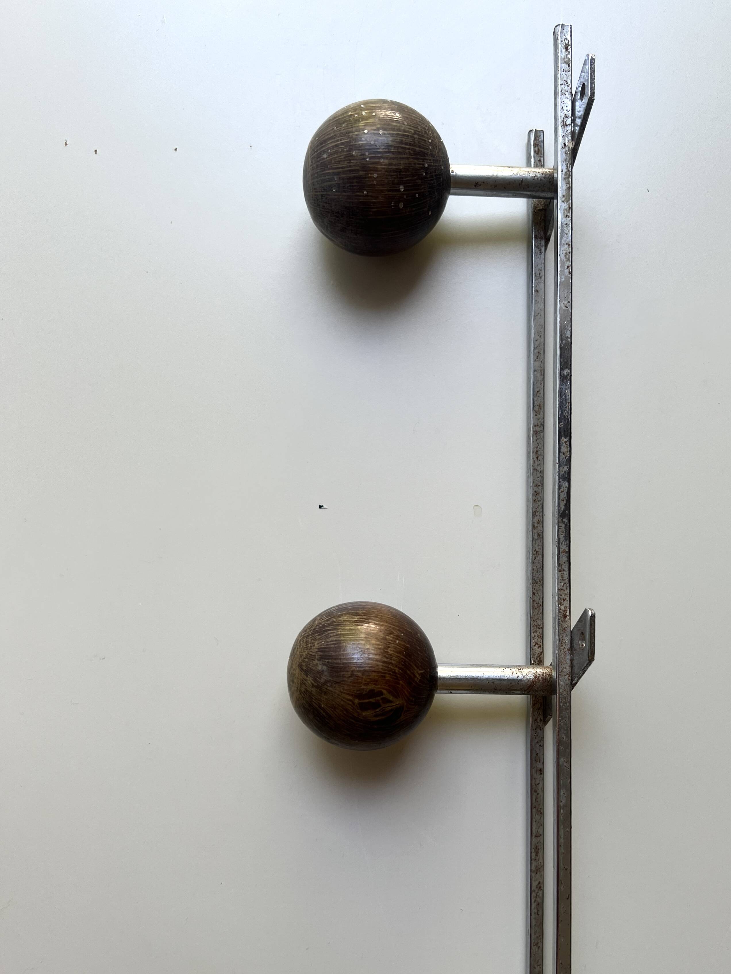 modernist coat rack in chrome and wood, 1970s design