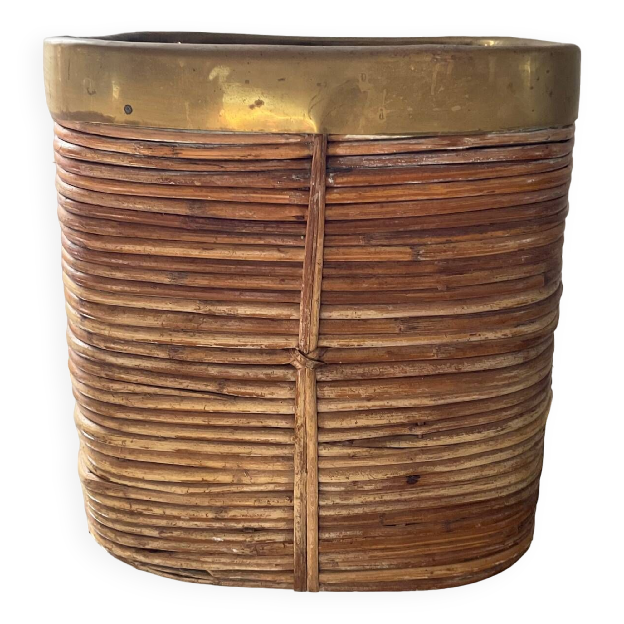 Rattan plant pot rimmed with brass from the 60s and 70s