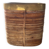 Rattan plant pot rimmed with brass from the 60s and 70s