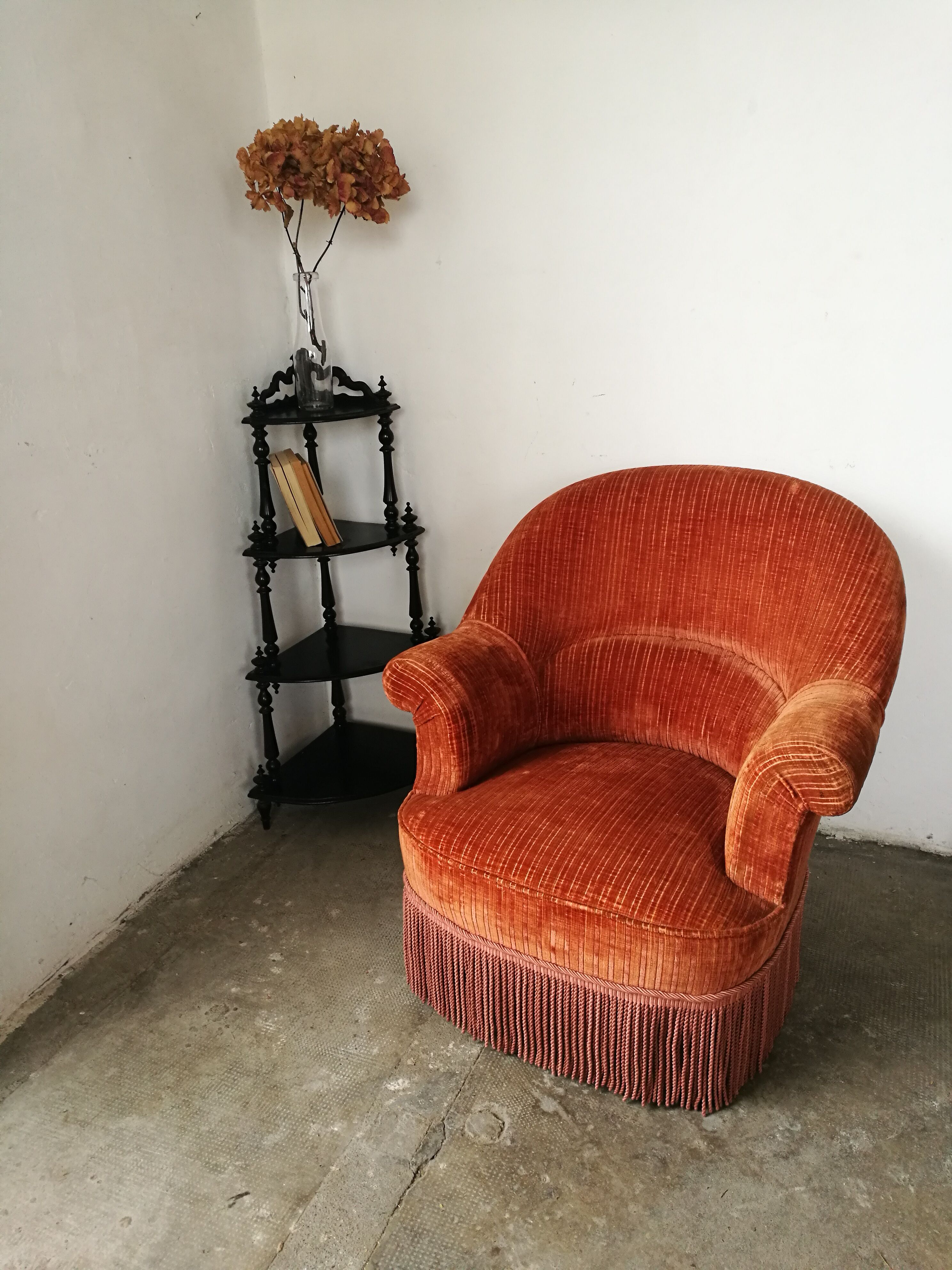 Orange velvet toad armchair