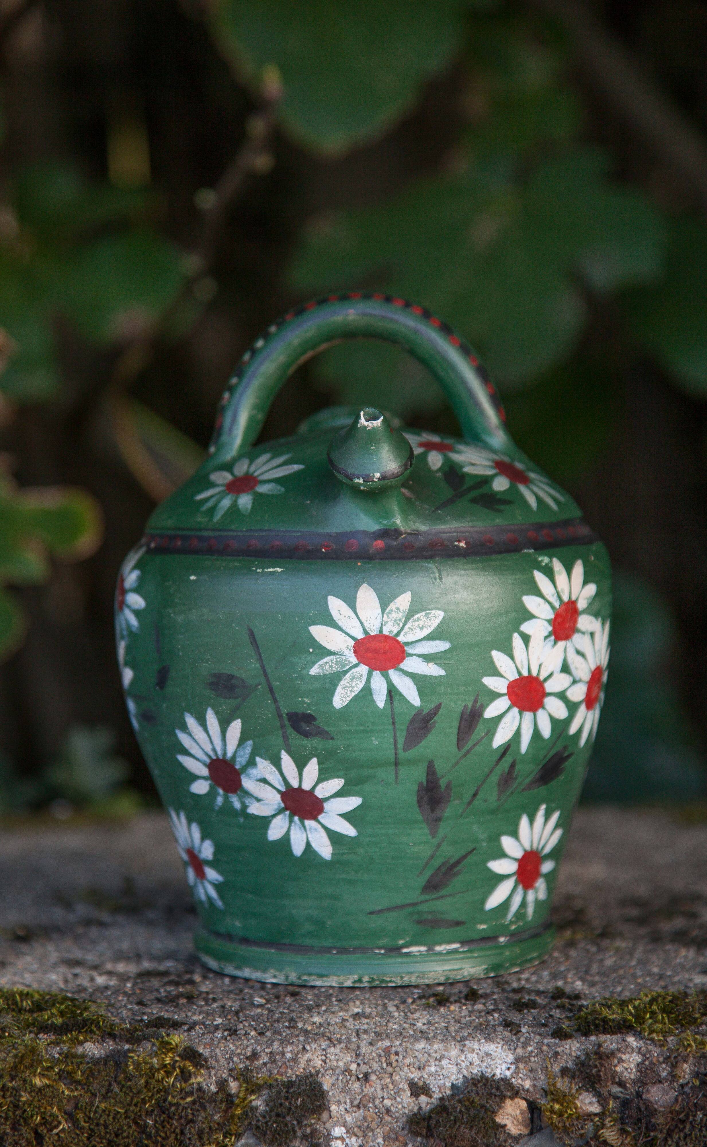 Vintage gargoulette, jug, green painted pitcher with daisy patterns
