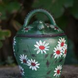 Vintage gargoulette, jug, green painted pitcher with daisy patterns