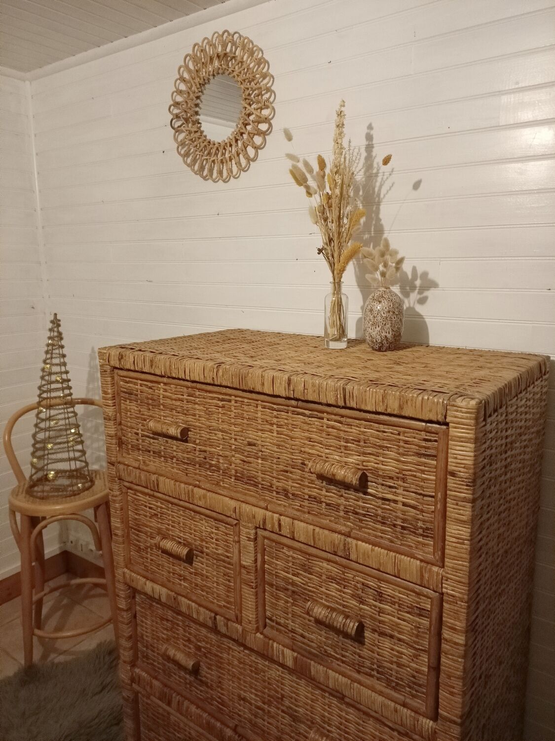 High wood and rattan chest of drawers