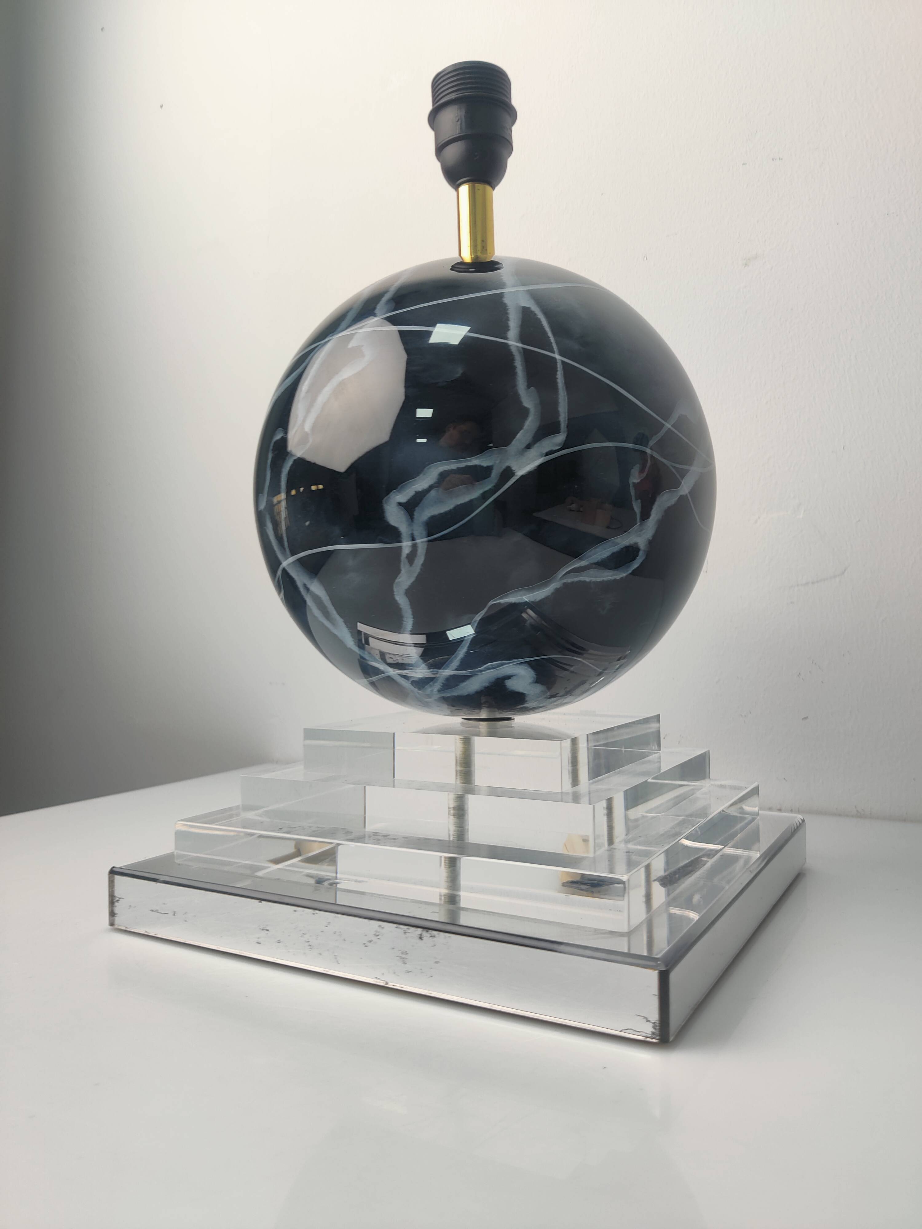Architectural Stepped Lucite Lamp with Faux Marble Glass Sphere 1970s