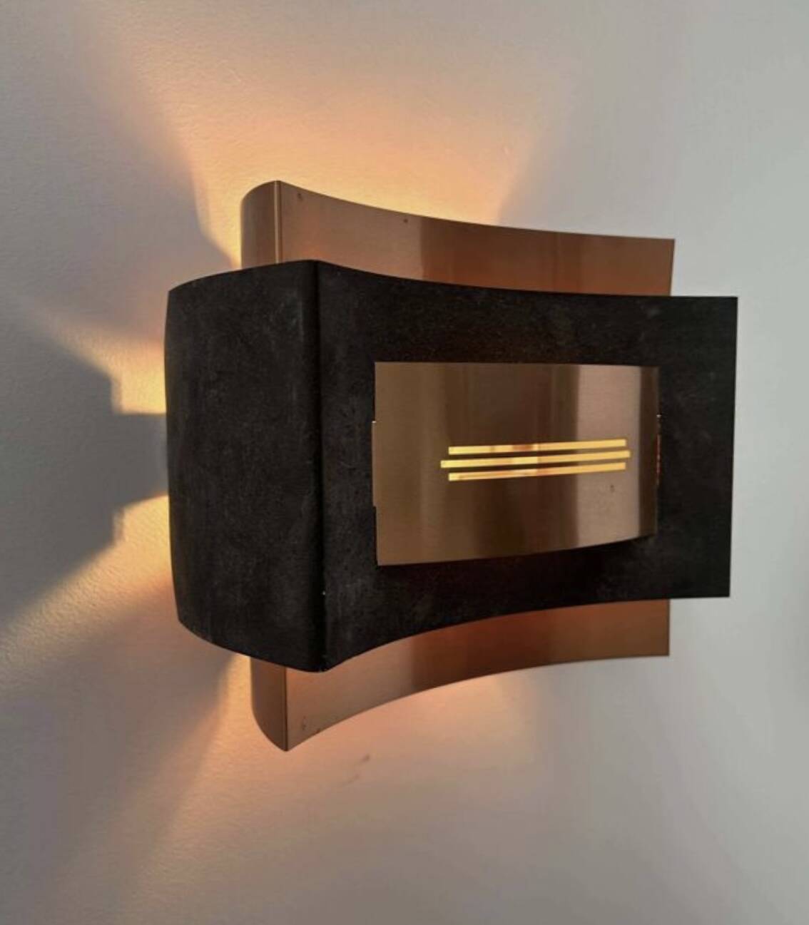 Pair of vintage wall lights, matte black metal and copper, Netherlands 1960