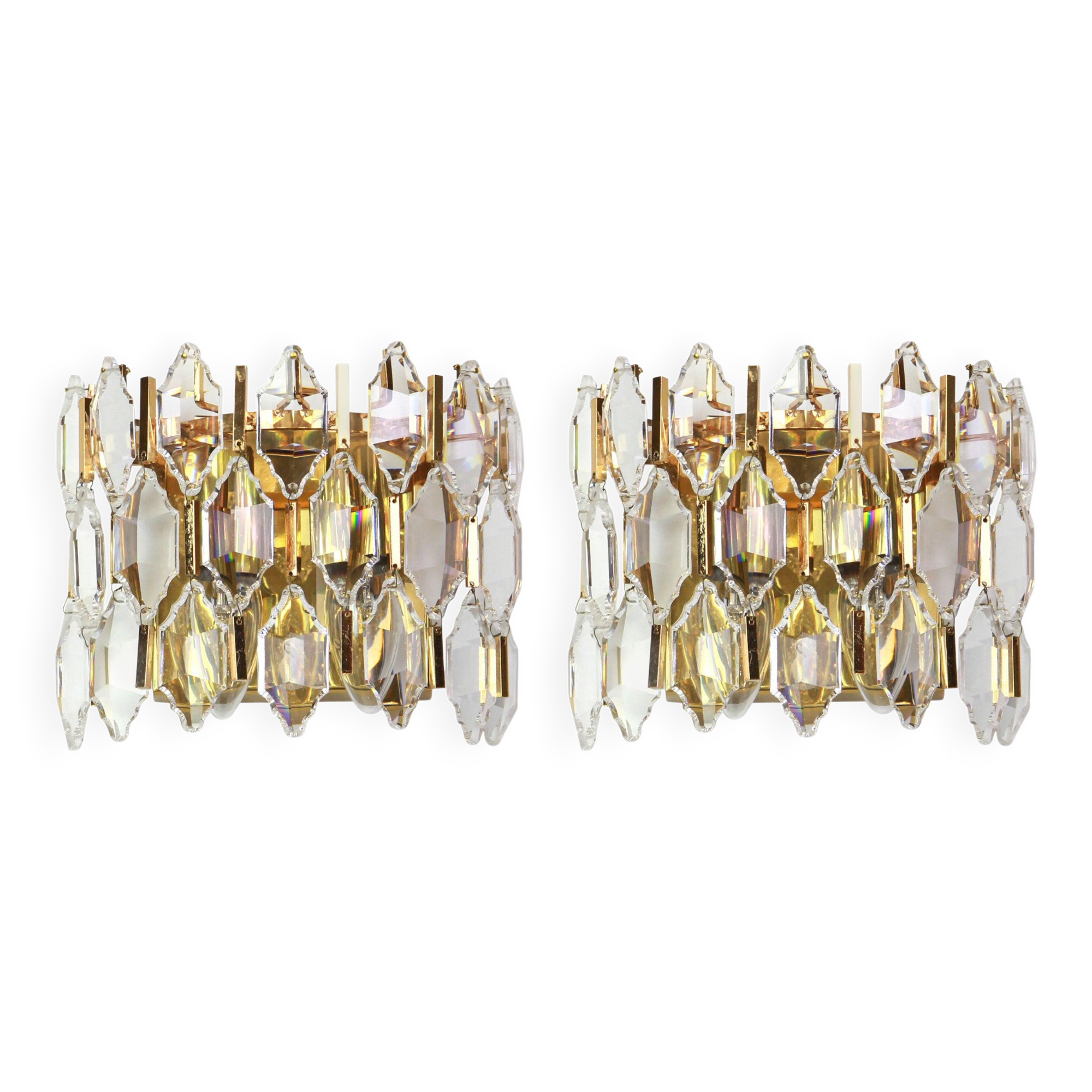 Pair of wall sconces in gilded brass and crystal by Palwa, Germany, 1970s.