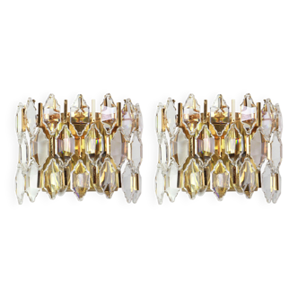 Pair of wall sconces in gilded brass and crystal by Palwa, Germany, 1970s.