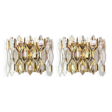 Pair of wall sconces in gilded brass and crystal by Palwa, Germany, 1970s.