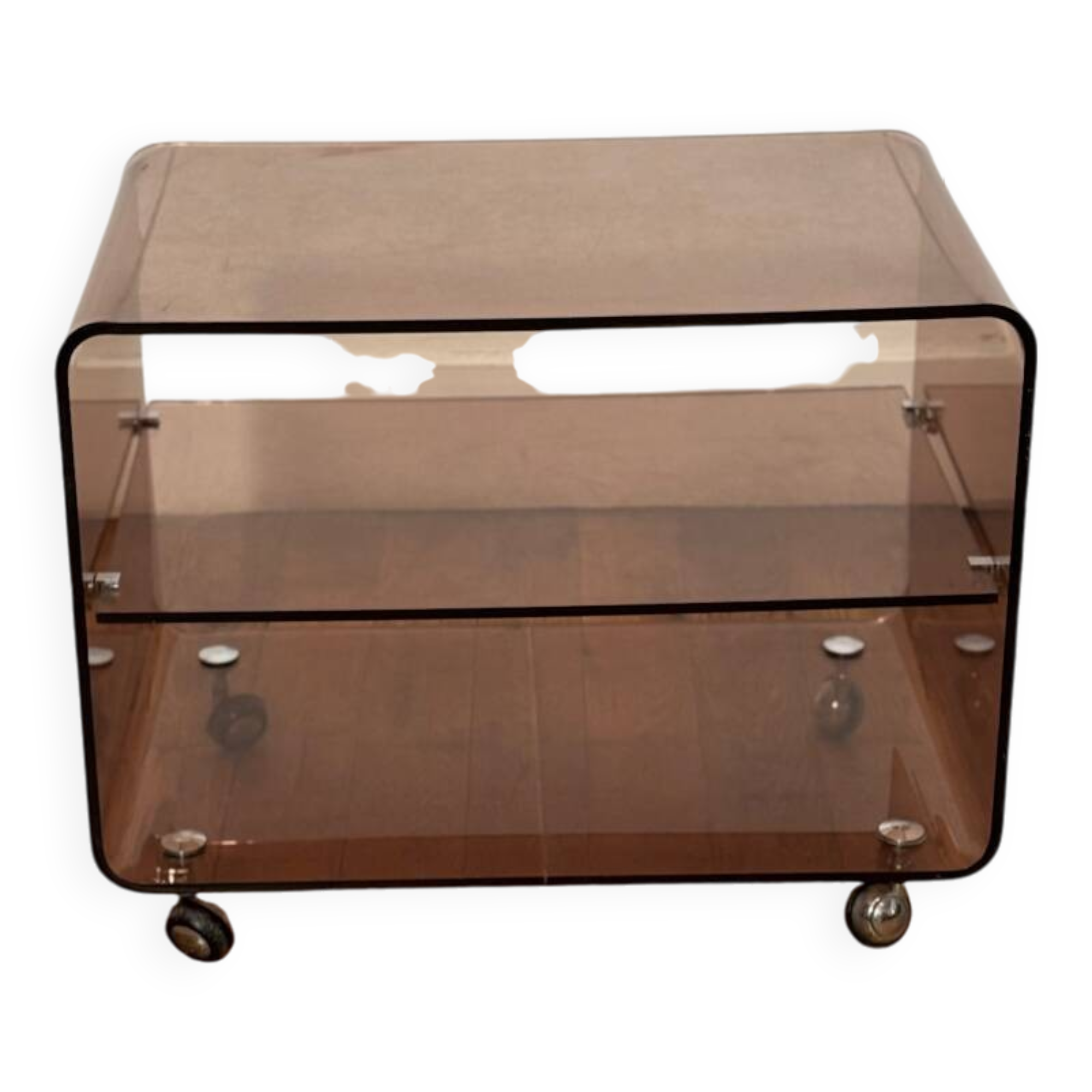 Smoked Plexiglas coffee table on wheels -