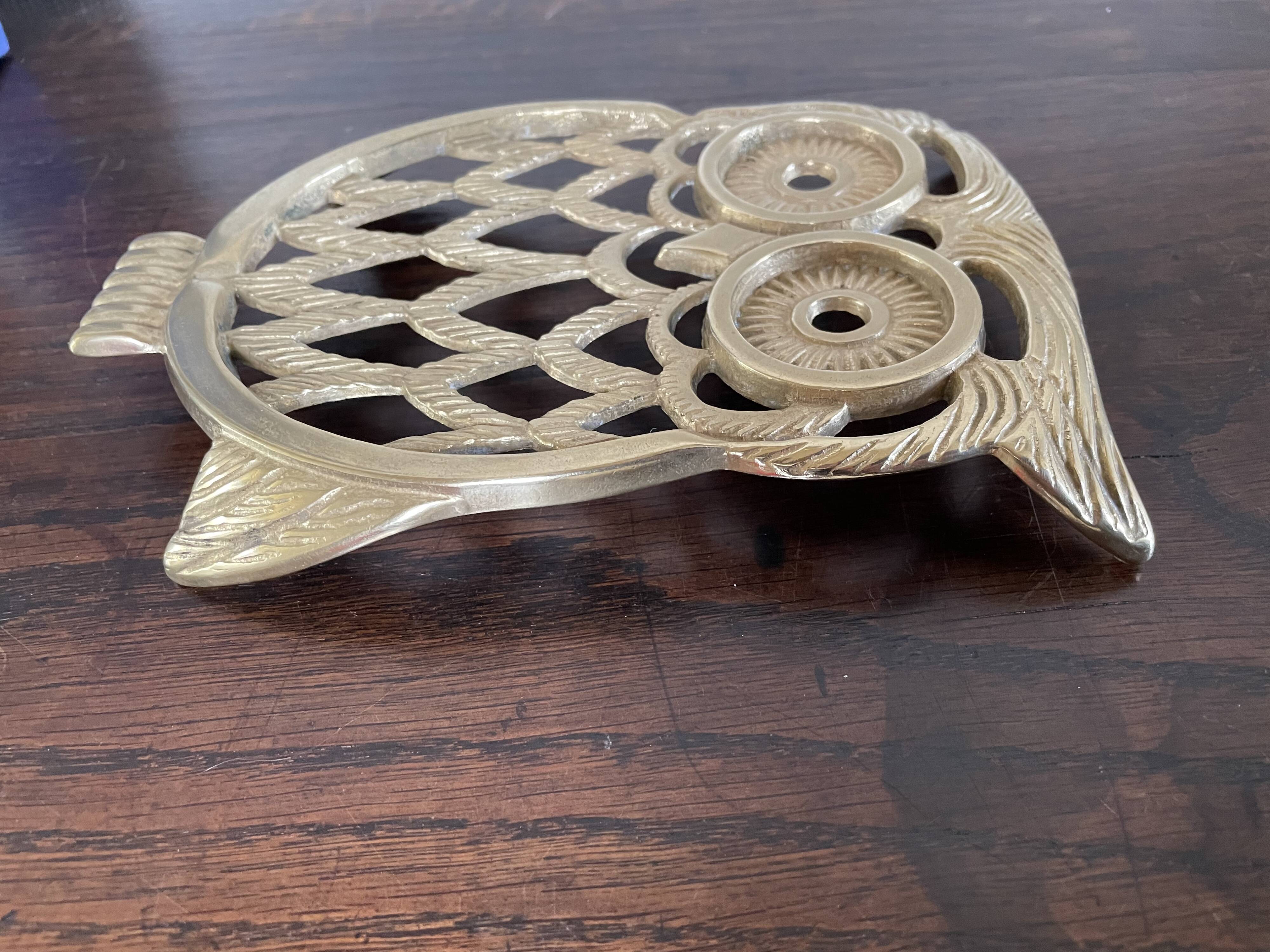 Owl trivet in golden brass
