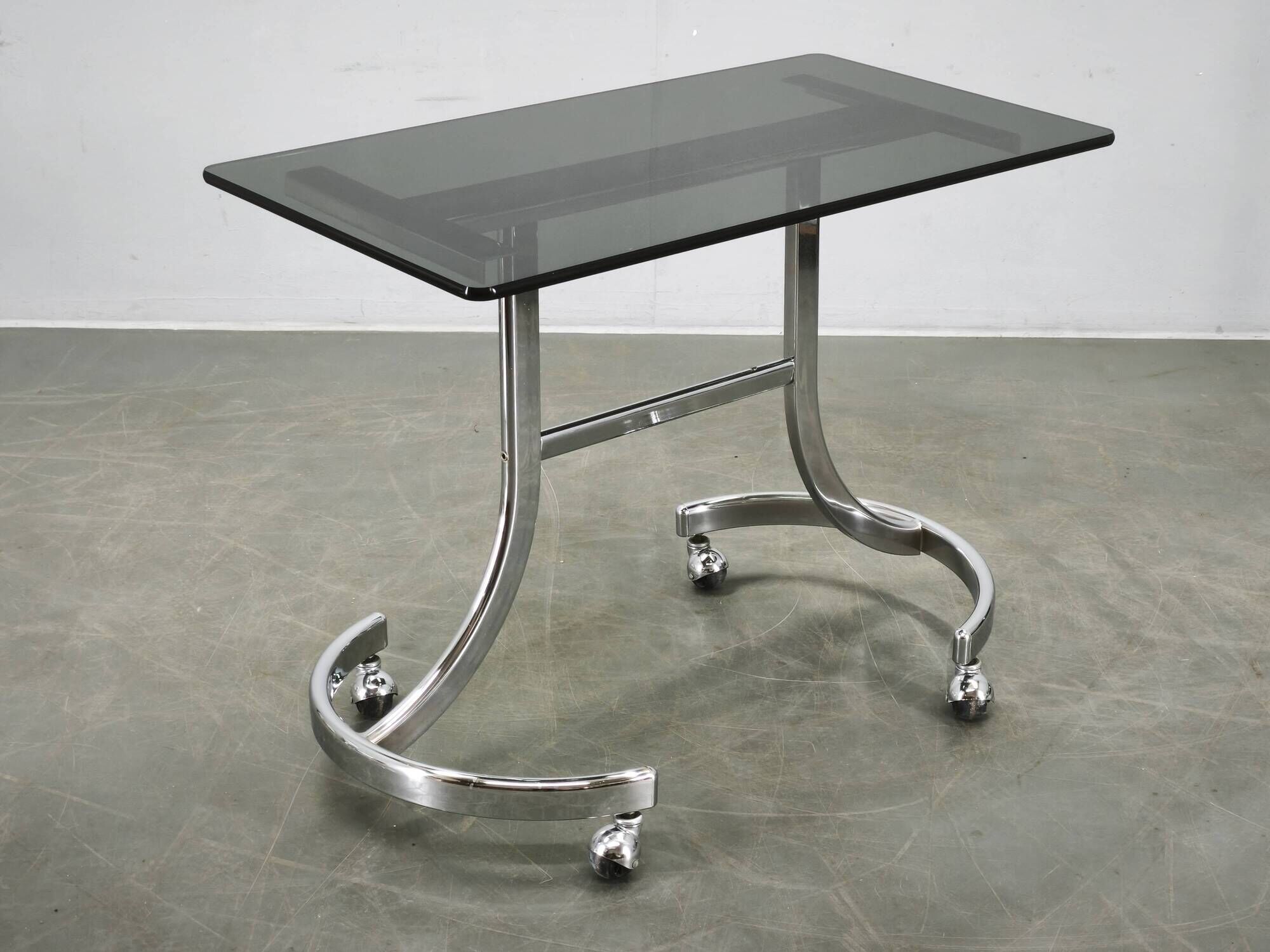 1970s Italian Space Age Chrome and Smoked Glass Rolling Side Table
