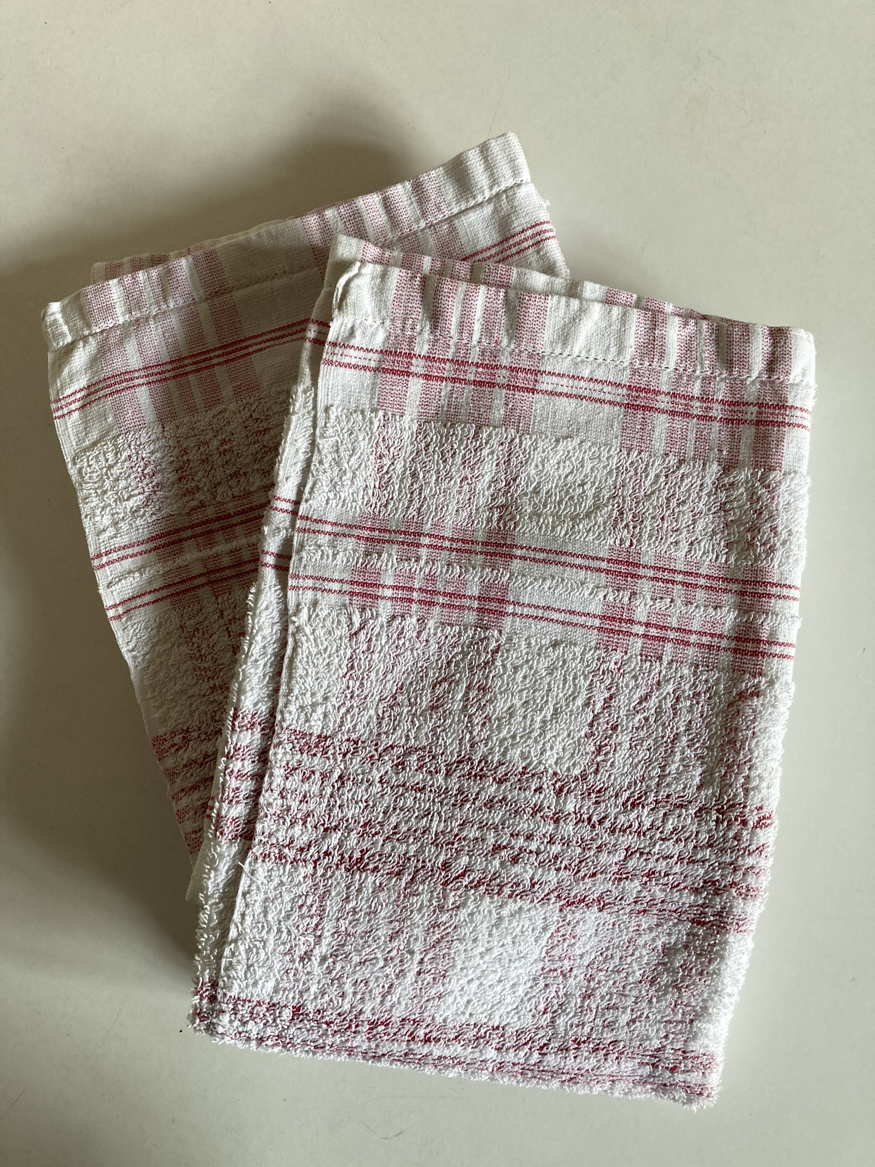 Pair of 1950 red woven kit towels