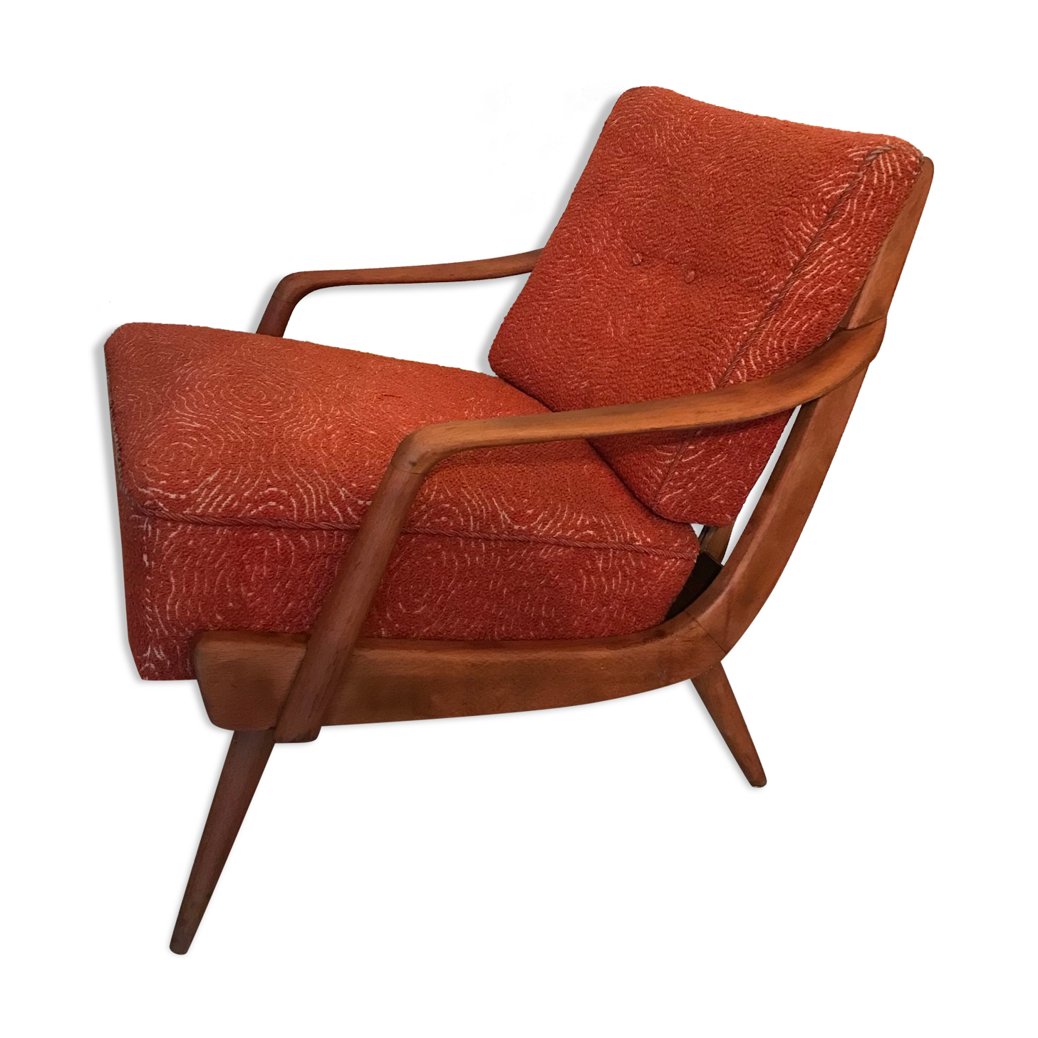 Fauteuil vintage mid-century pieds compas style scandi