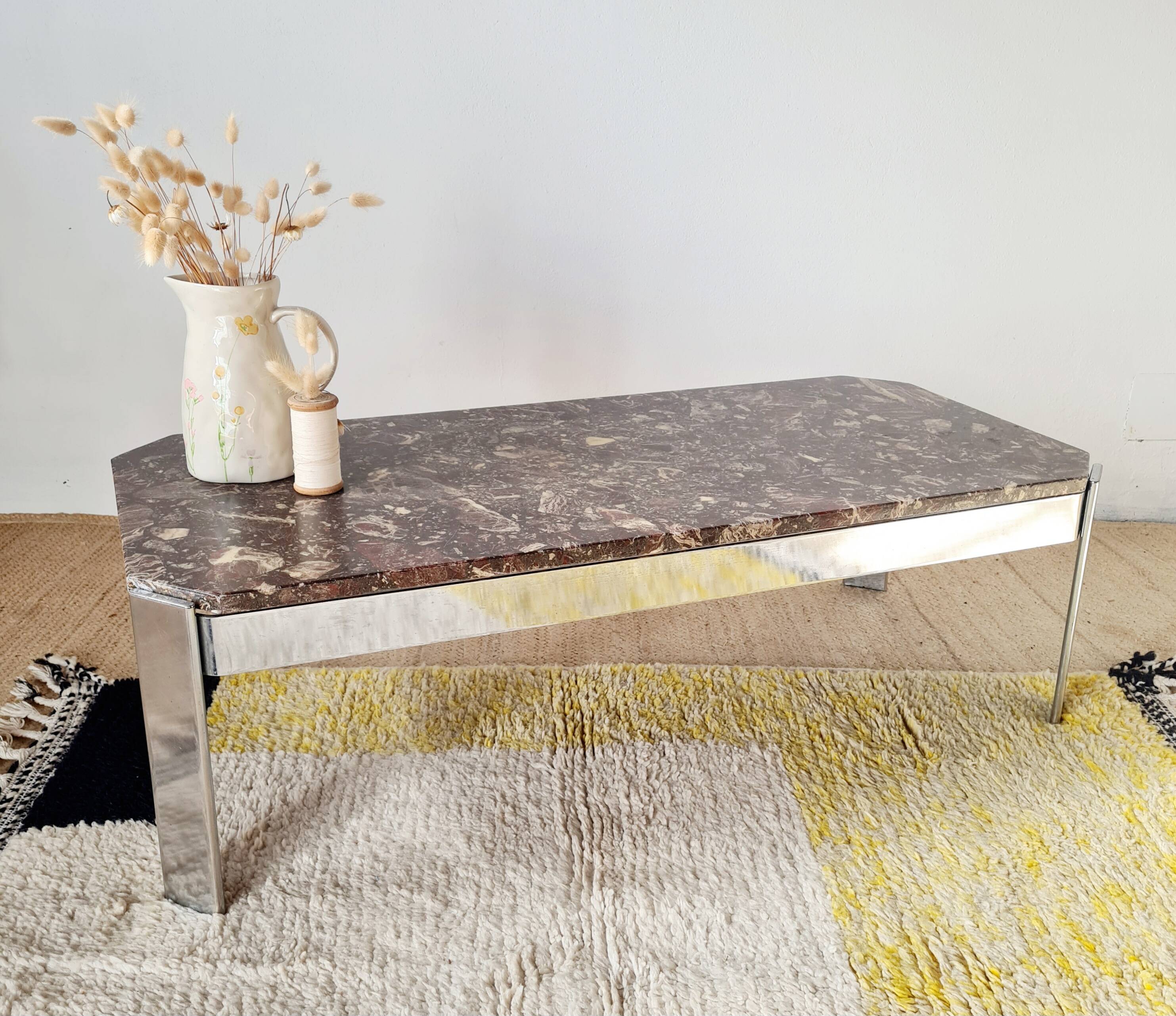 1970s marble and chrome metal coffee table