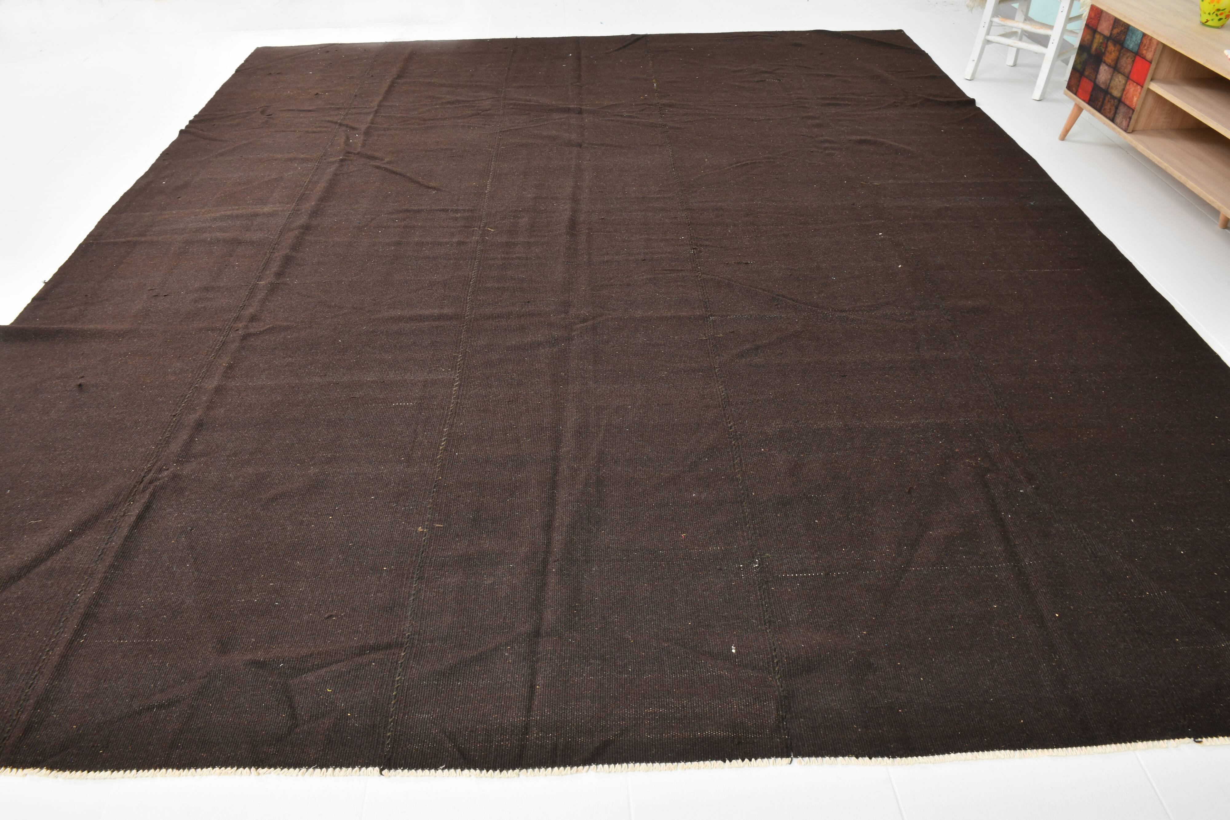 Turkish Dark Brown Modern Vintage Kilim Rug, 320x367Cm