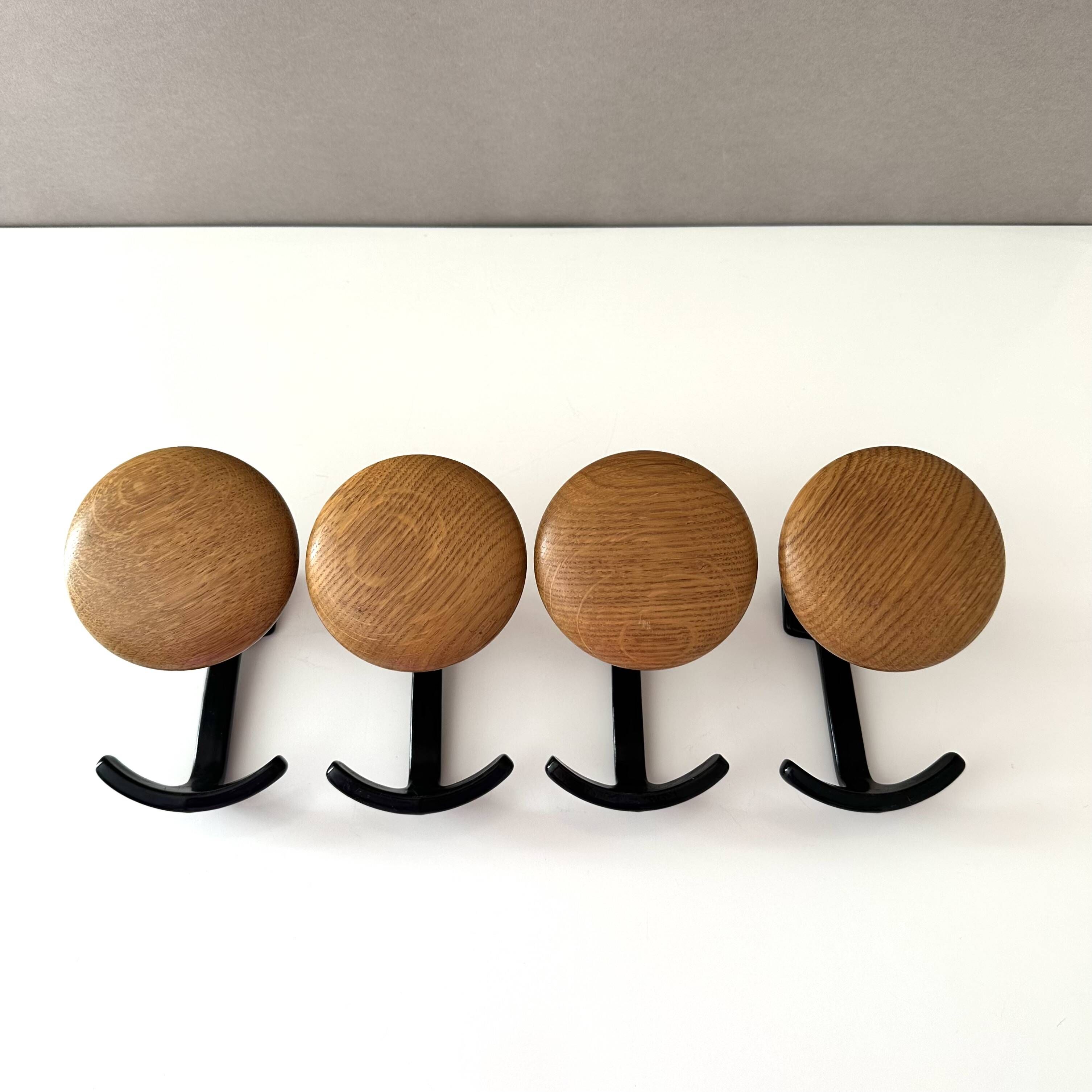 Vintage Set of 4 Wooden & Metal Coat Hooks | Wall-Mounted Hooks