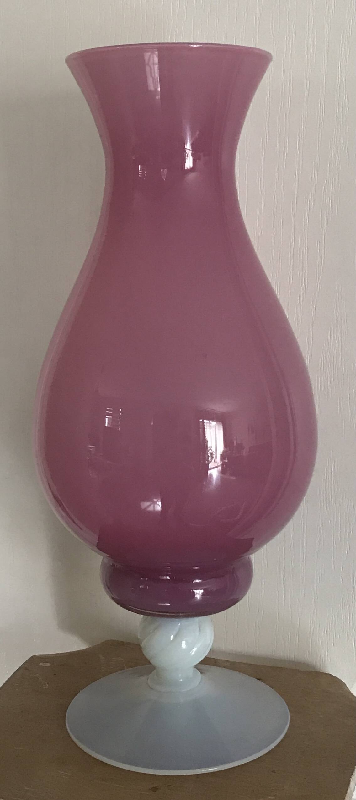 Vintage vase in pink opaline on white foot 36.8 cm