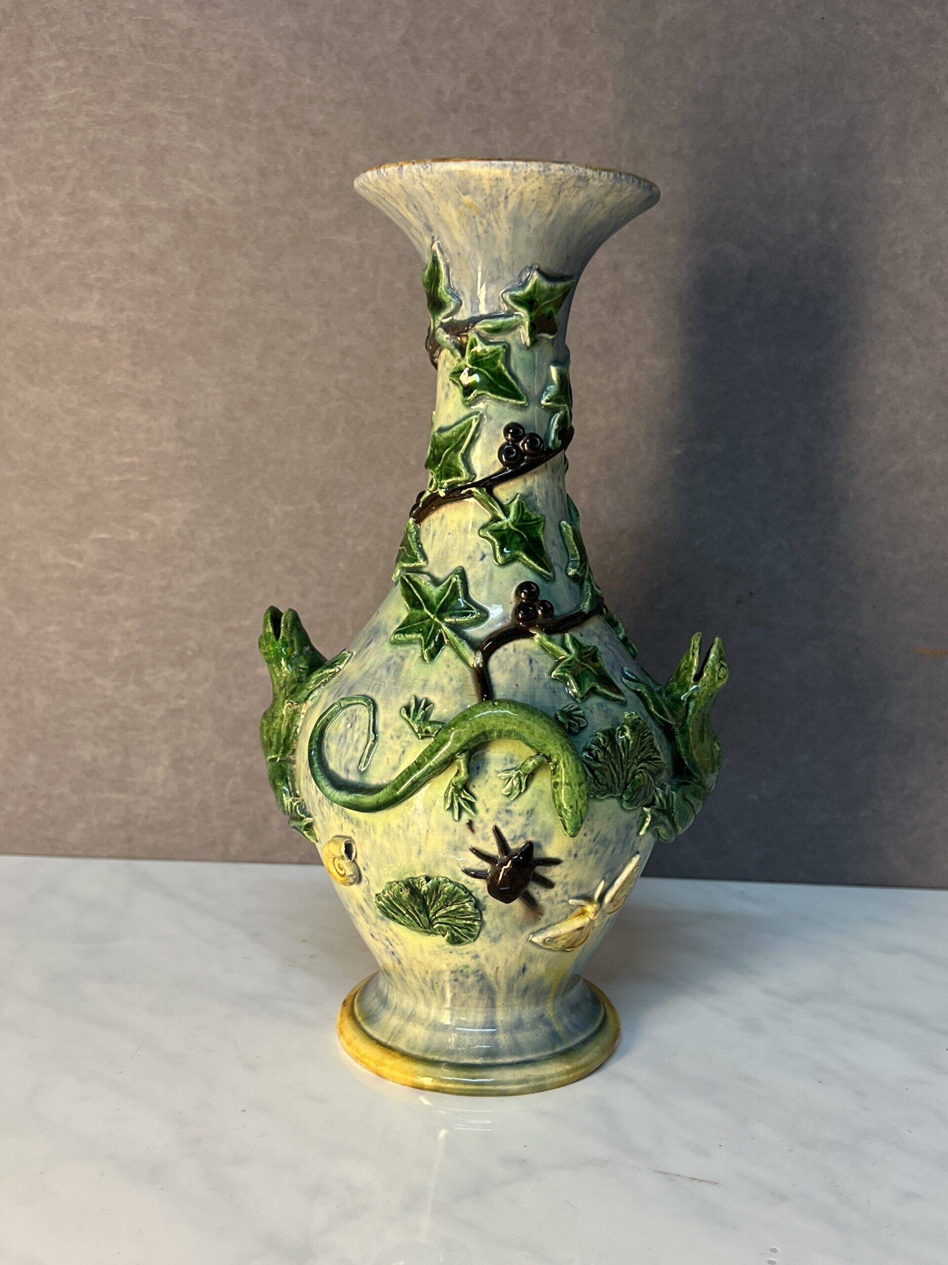 Majolica Palissy vase, dating from the Victorian era circa 1890