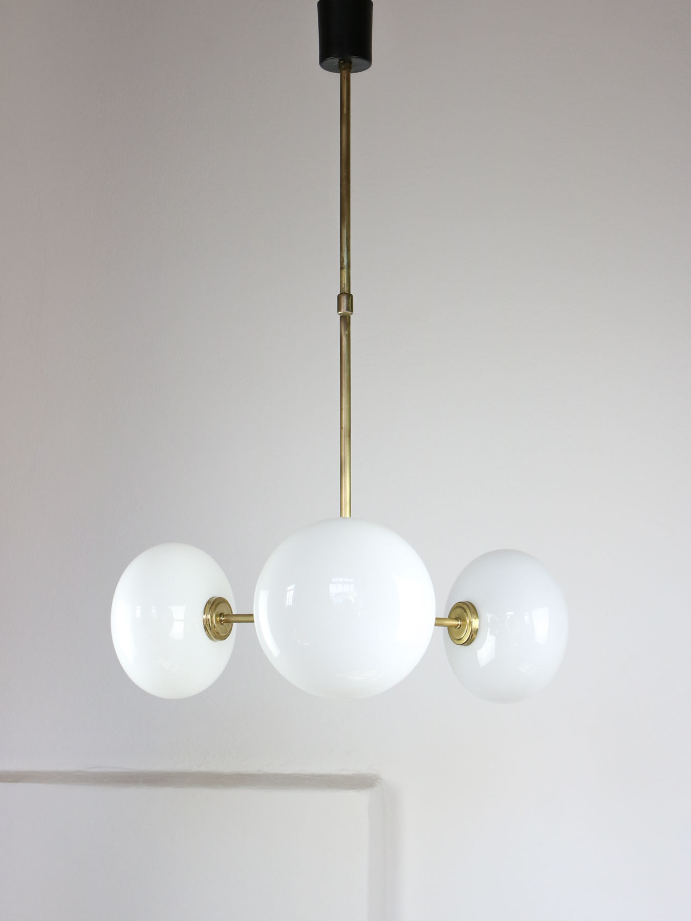 Mid-century brass and opaline glass chandelier