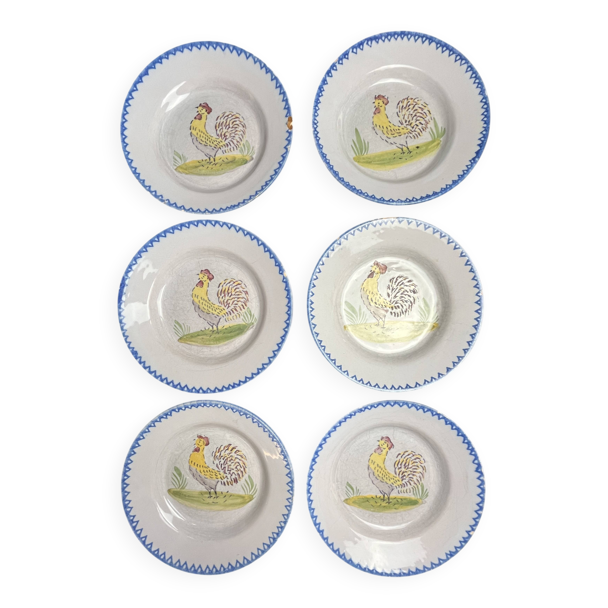 Série 6 assiettes faïence décor coq XXème