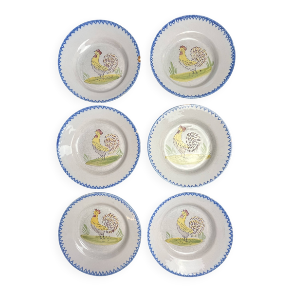 Série 6 assiettes faïence décor coq XXème