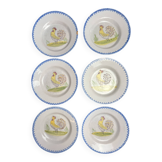 Set of 6 earthenware plates with rooster decoration, 20th century.