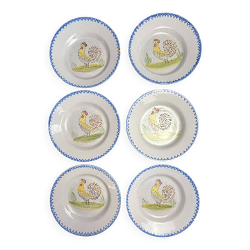 Série 6 assiettes faïence décor coq XXème
