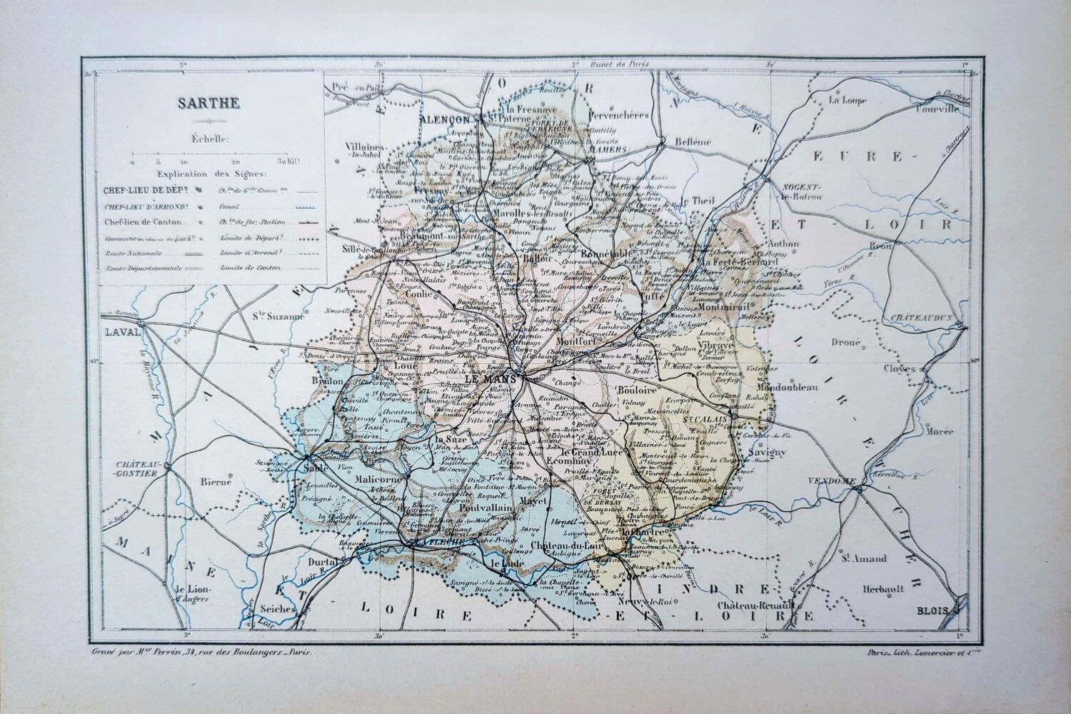 Printed in 1889, map of Sarthe. Authentic Vintage