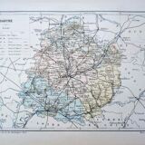 Imprimée en 1889, carte de la Sarthe. Authentique Vintage