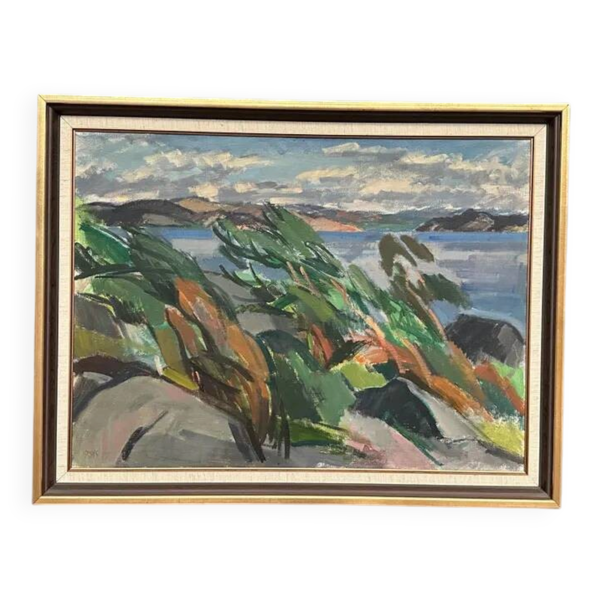 Large original Swedish oil on canvas – "Rocky Shore" – Signed – vintage and framed – 91 × 70 cm (35.8 in × 27.6 in)
