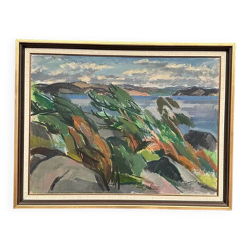 Grande huile sur toile suédoise originale – "Côte rocheuse" – Signée – vintage et encadrée – 91 × 70 cm (35,8 po × 27,6 po)