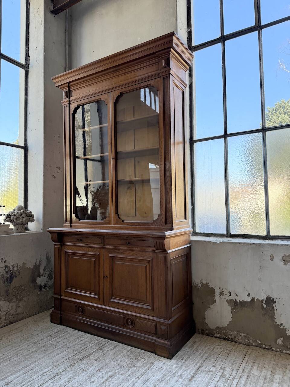 Antique XL Napoleonic oak glass bookcase, 19th century