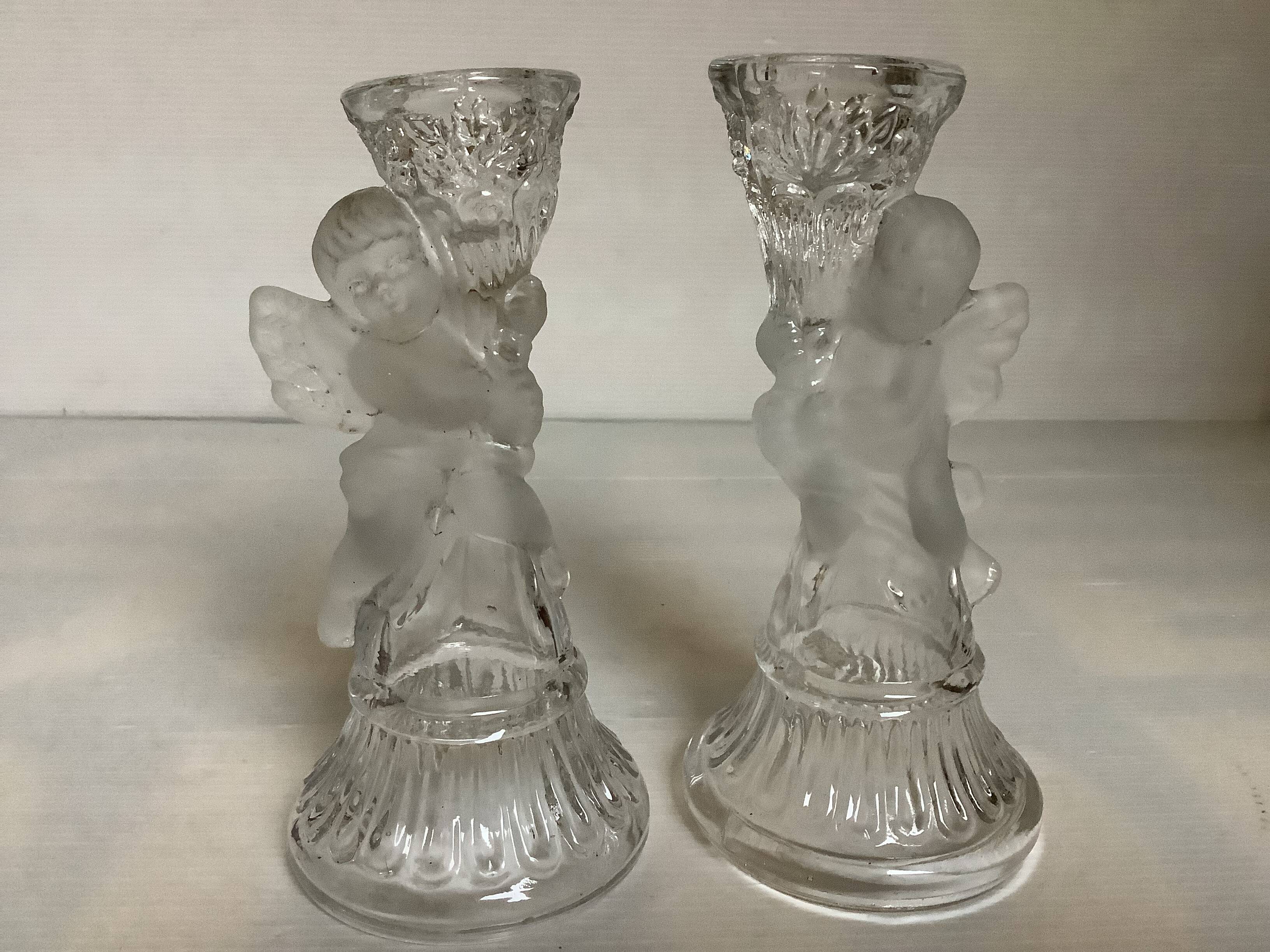 Trio of frosted molded glass angel candle holders