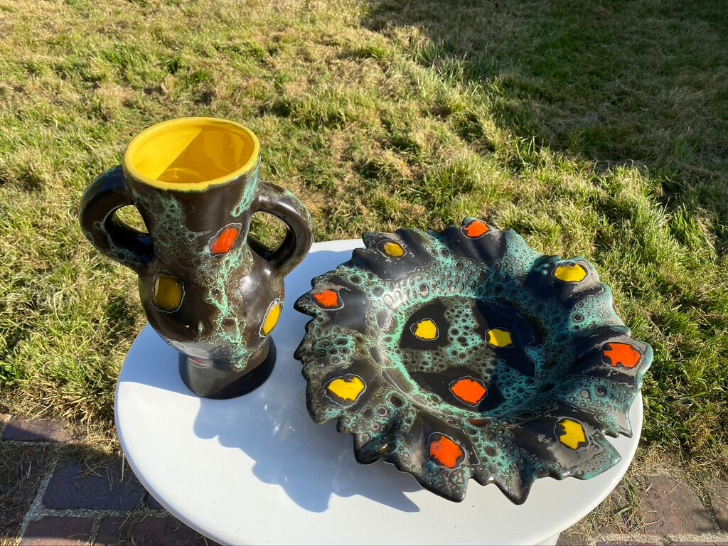 Vase and dish poet laval 1950/60 free form signed yvonne