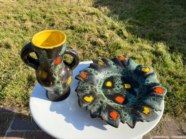 Vase et plat poet laval 1950/60 forme libre signé yvonne