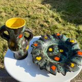 Vase et plat poet laval 1950/60 forme libre signé yvonne