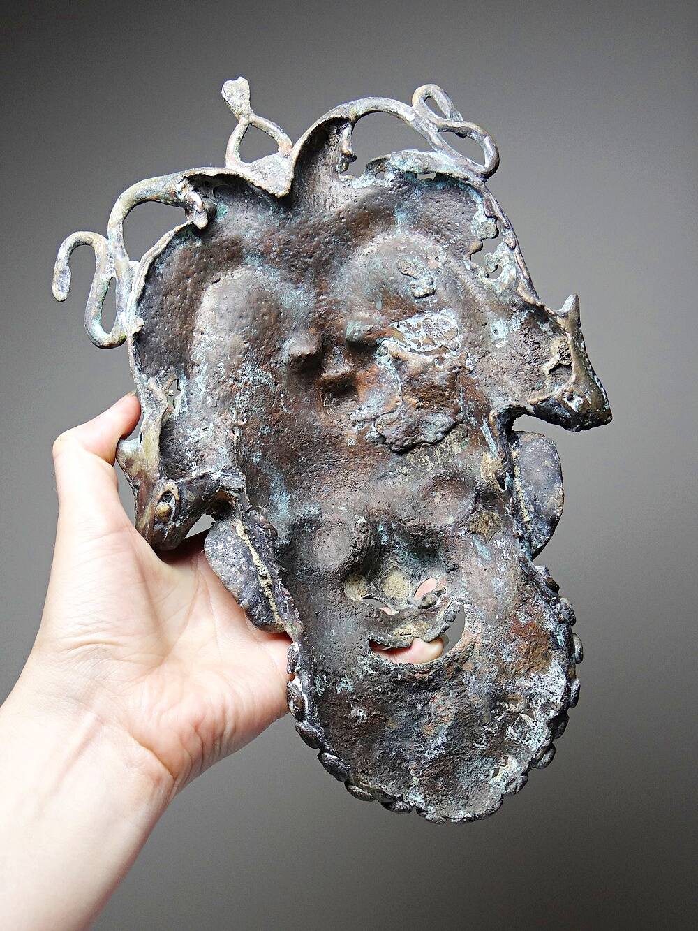 Vintage African bronze mask from Bamoun, Cameroon