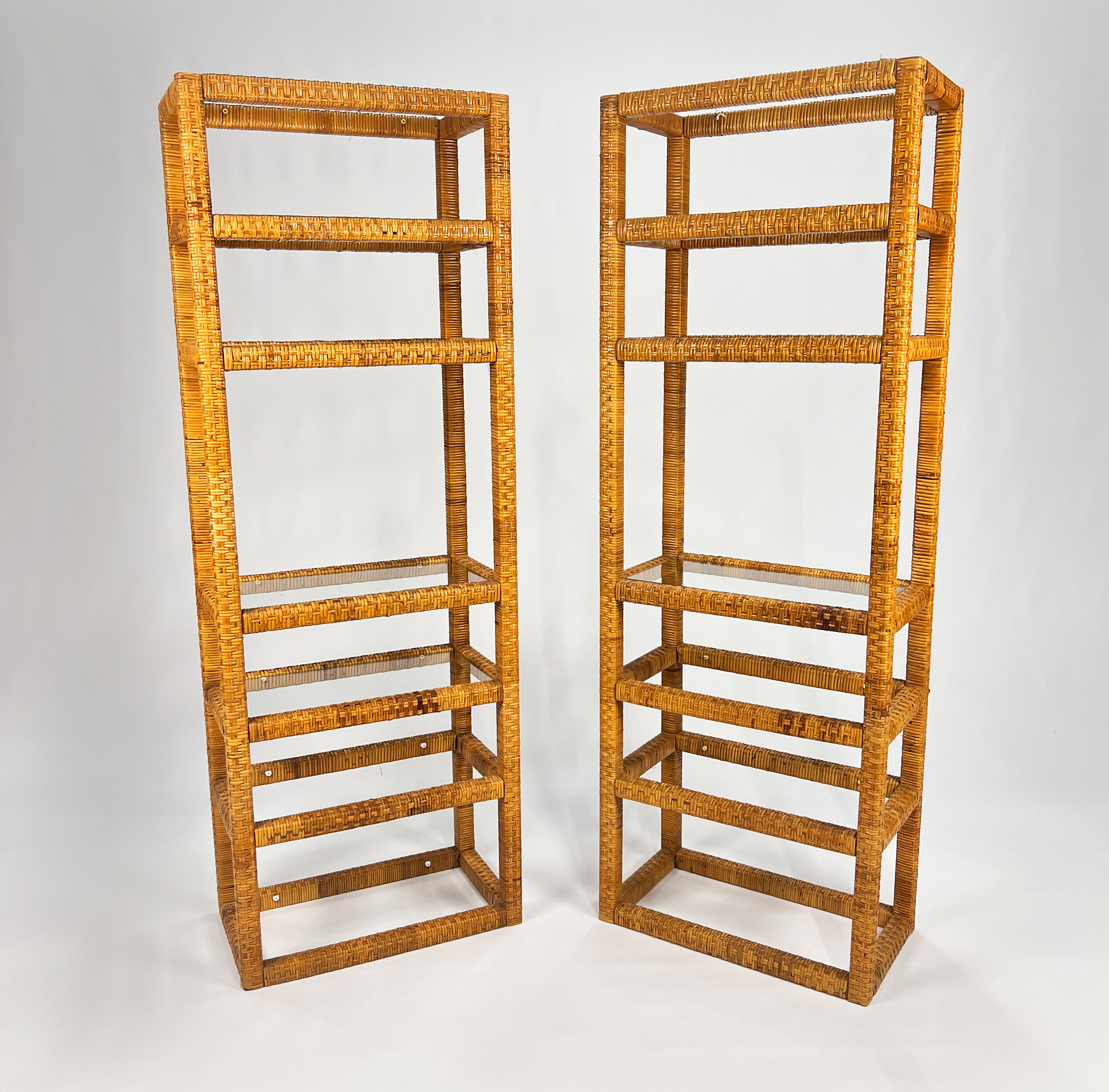 Set of 2 mid century tall wicker and glass etagere cabinet, 1970s