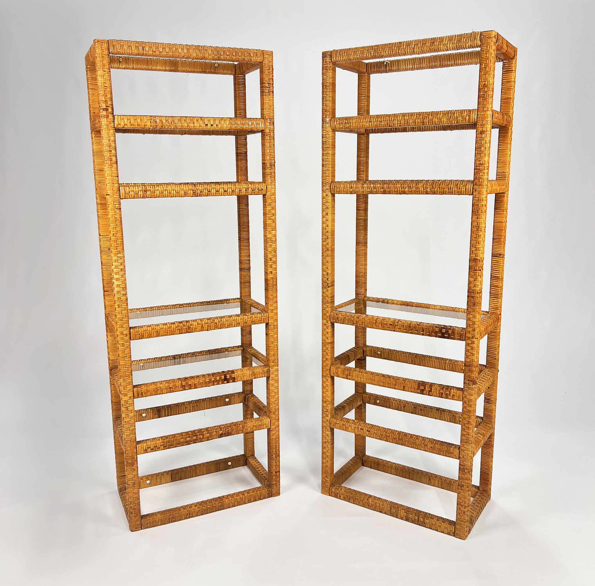 Set of 2 mid century tall wicker and glass etagere cabinet, 1970s