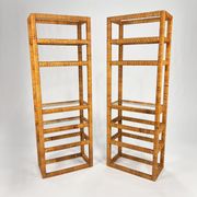 Set of 2 mid century tall wicker and glass etagere cabinet, 1970s