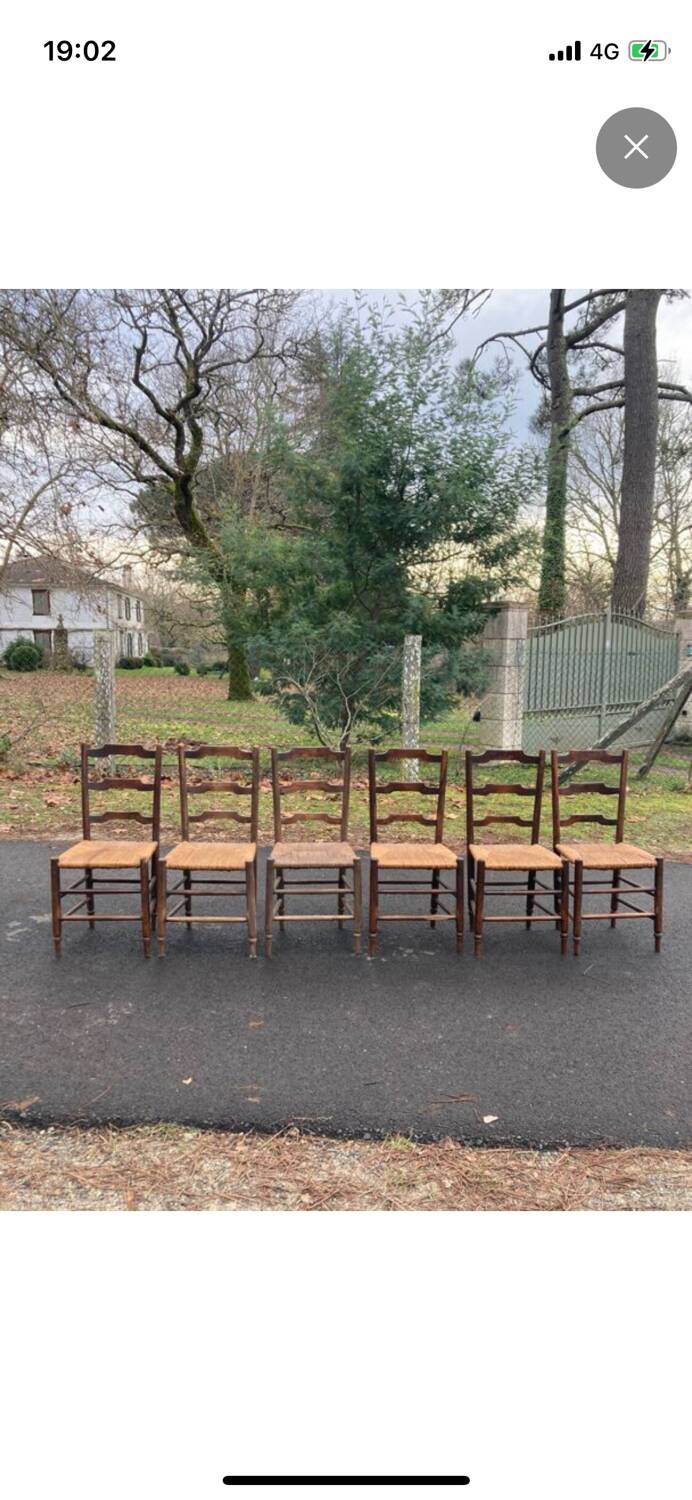 6 old wooden straw chairs