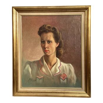 Portrait in oil on canvas circa 1941 signed dimension: height -74cm- width -64cm-
