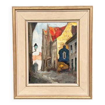 Original Swedish Oil on Panel - "Alley" by Knut Norman - Signed - Vintage and Framed - 59 × 46 cm (23.2" × 18.1")