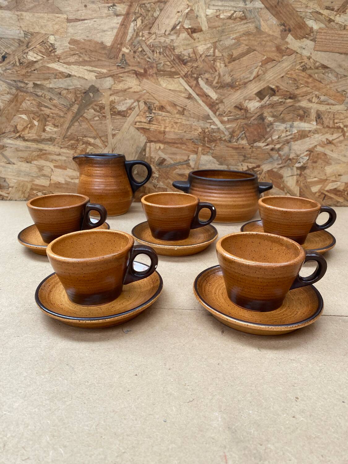 Old tea coffee service st amand meylan ceramic brown beige vintage