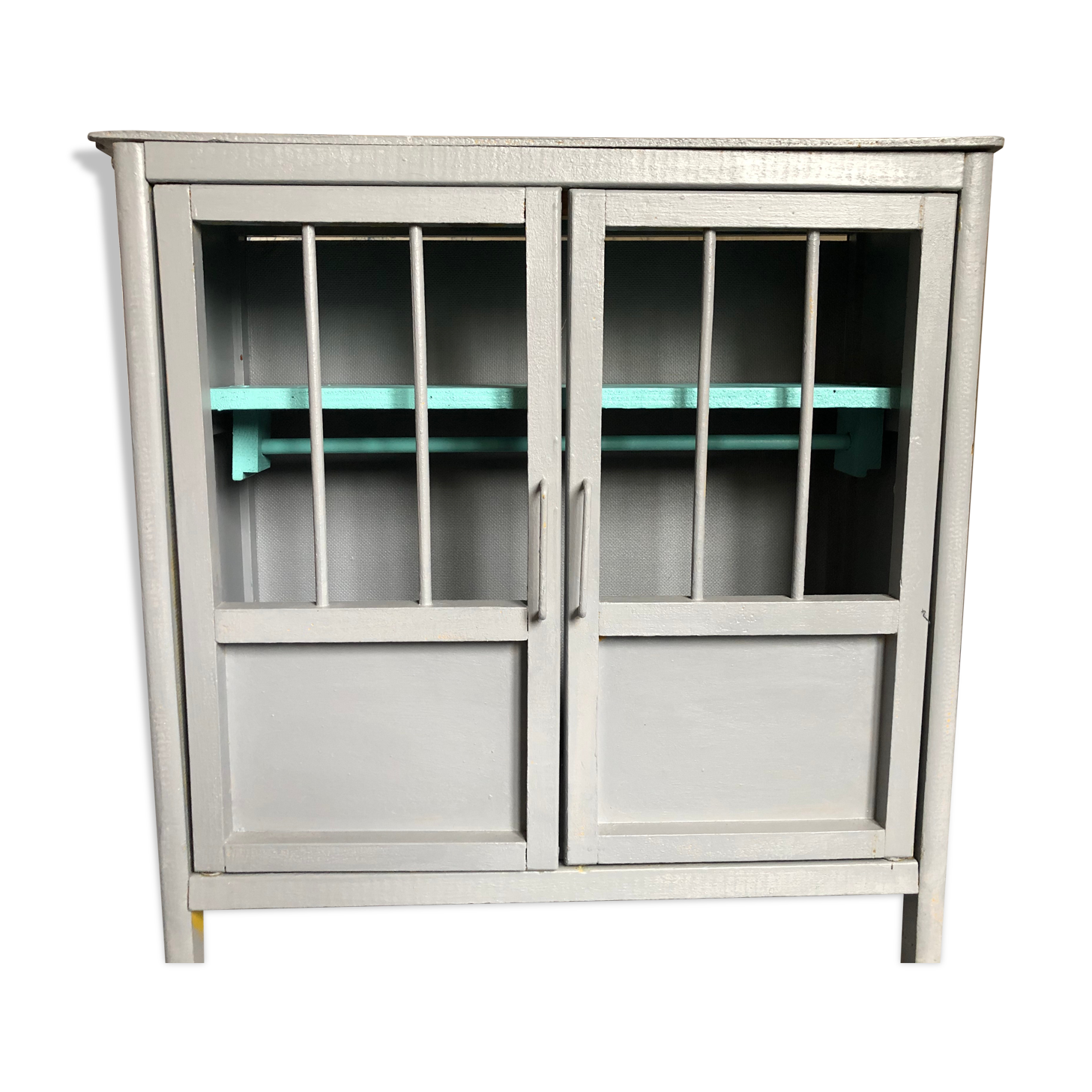 Two-door doll cabinet - grey and vintage blue painted wooden rod