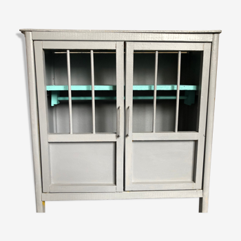 Two-door doll cabinet - grey and vintage blue painted wooden rod