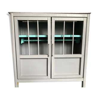 Two-door doll cabinet - grey and vintage blue painted wooden rod